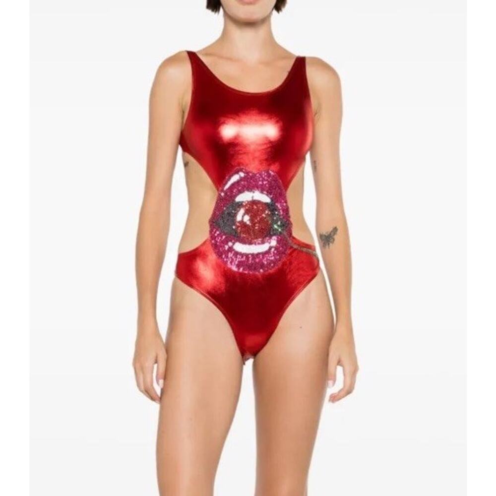 Red Metallic One-Piece Swim Suit with Sequin Lip Detail